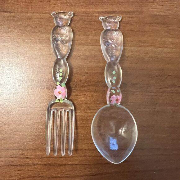 Athoware Other - Athoware Baby Fork & Spoon Acrylic Utensil Set Pig? Painted Floral Vintage *READ